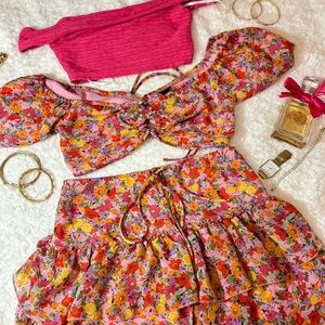 Pink and orange floral crop top and skirt set